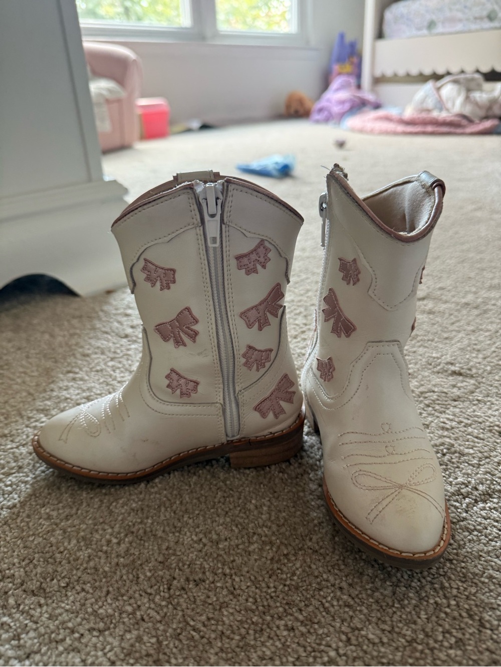 Ivory & Pink Bow Embroidered Girls' Western Boots